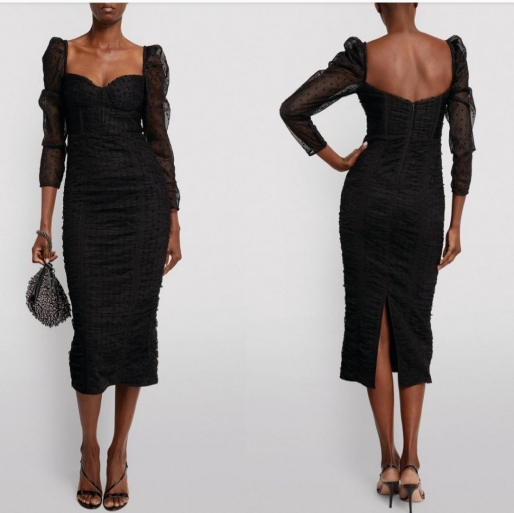 Self-Portrait Sweetheart Neckline Flocked Gathered Mesh Midi Black Dress Size 0